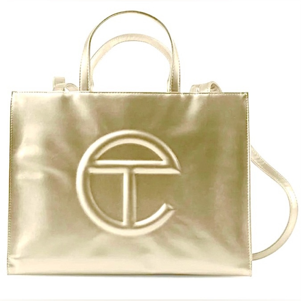 TELFAR NWOT Metallic Gold Tote Bag with Embossed Logo Medium 15x11x5 - Picture 3 of 10